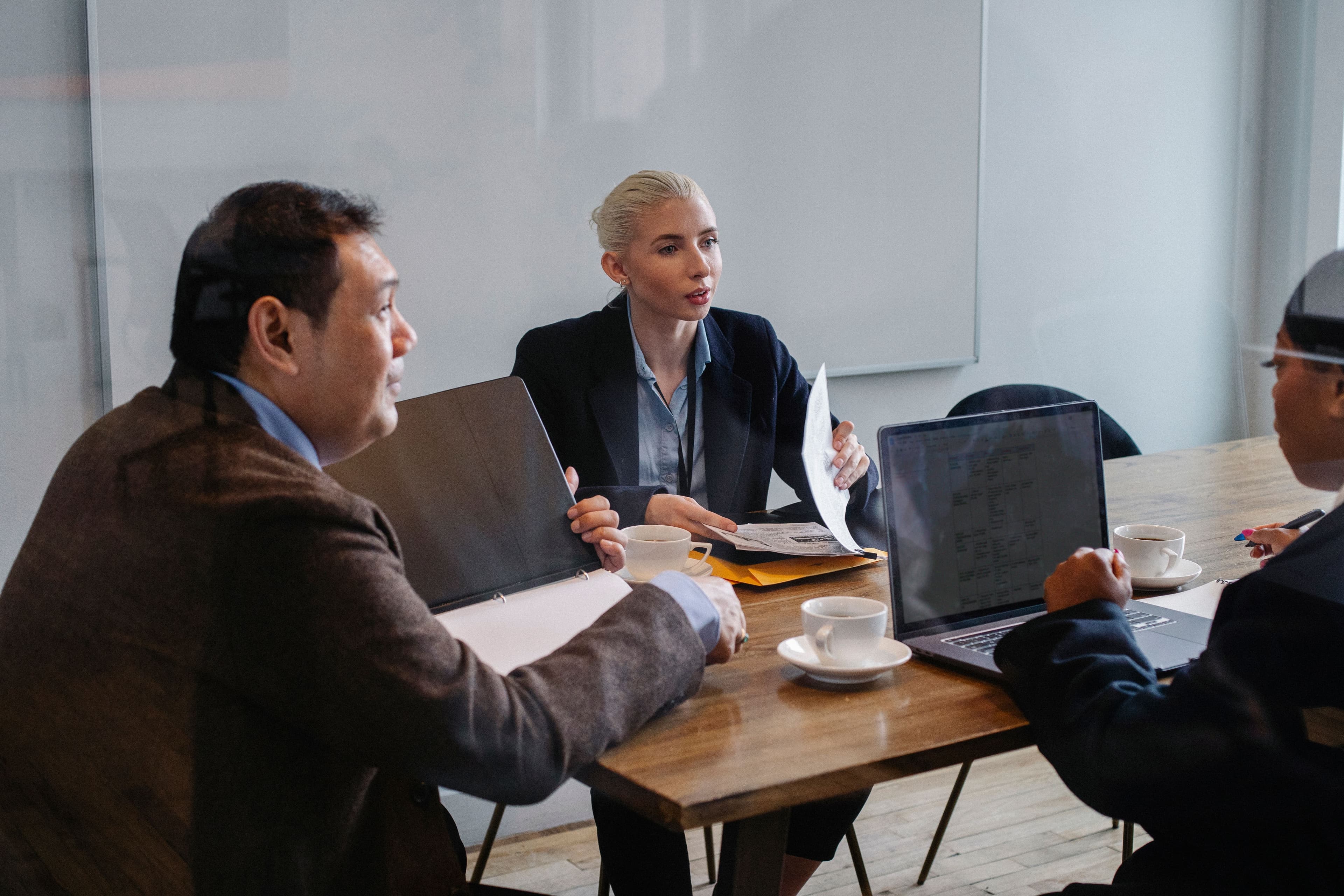 A diverse group of business professionals in a collaborative meeting