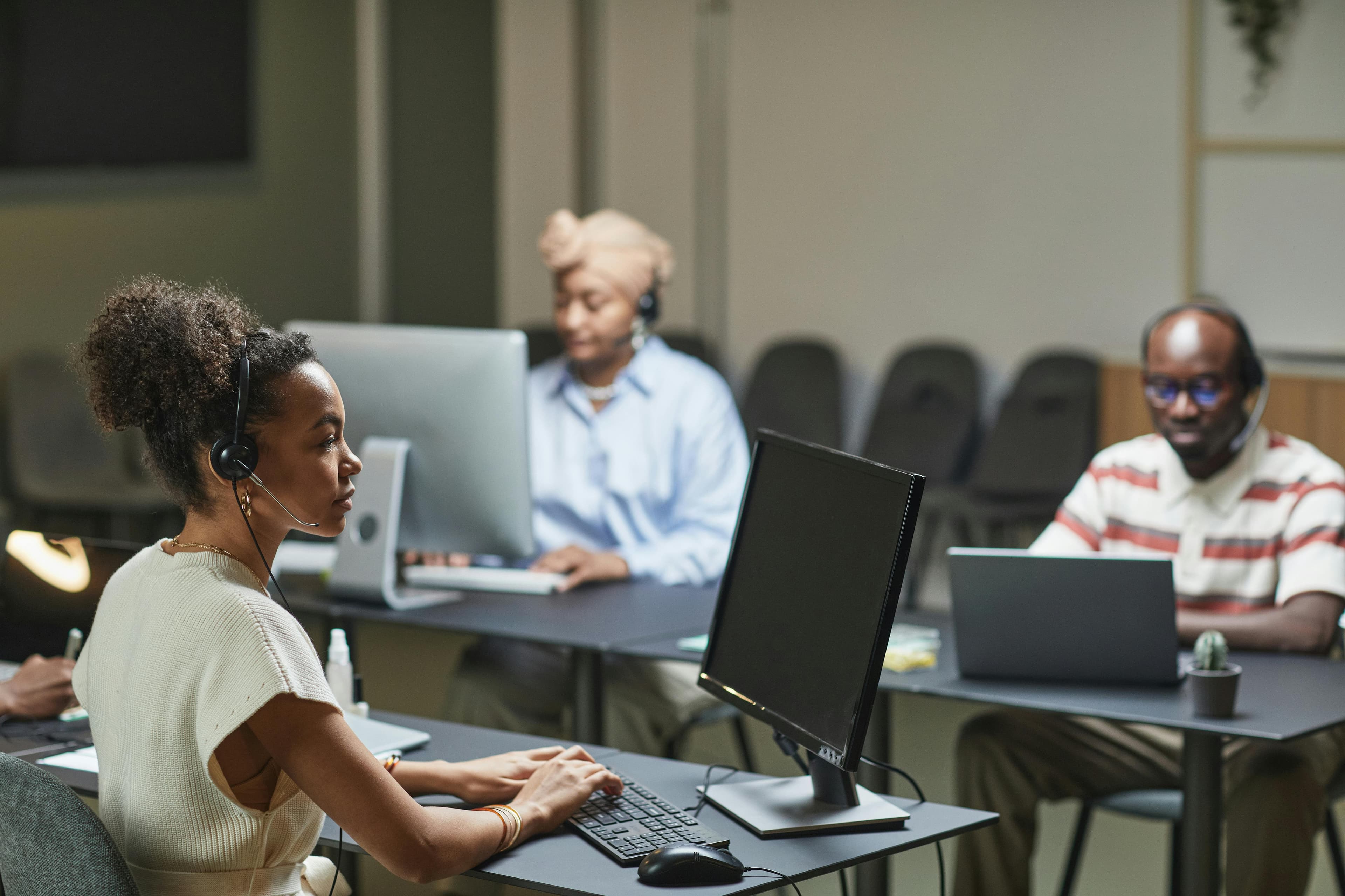 A diverse group of employees in a contact center